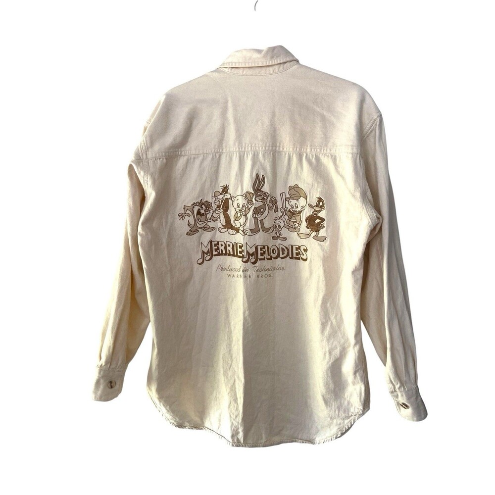 Vintage 1994 Looney Tunes Merrie Melodies Embroidered Shirt Size M Cream Cartoon